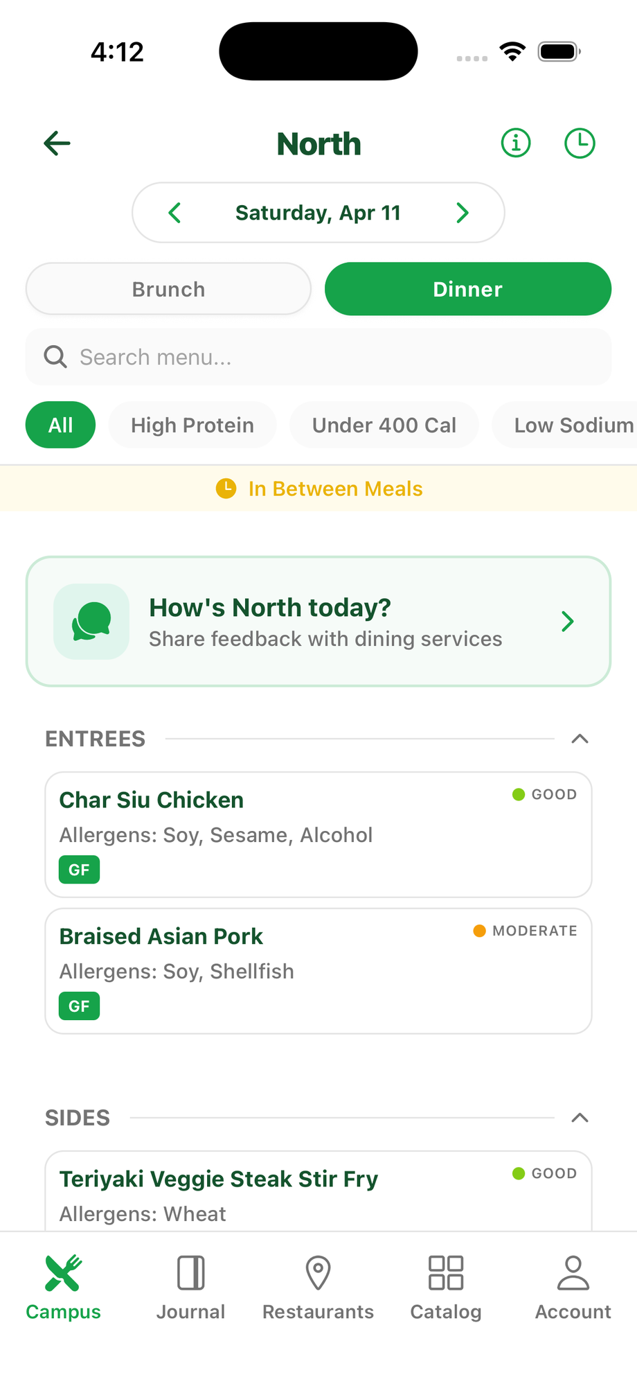 Swipe app showing a dining hall menu with health scores per item